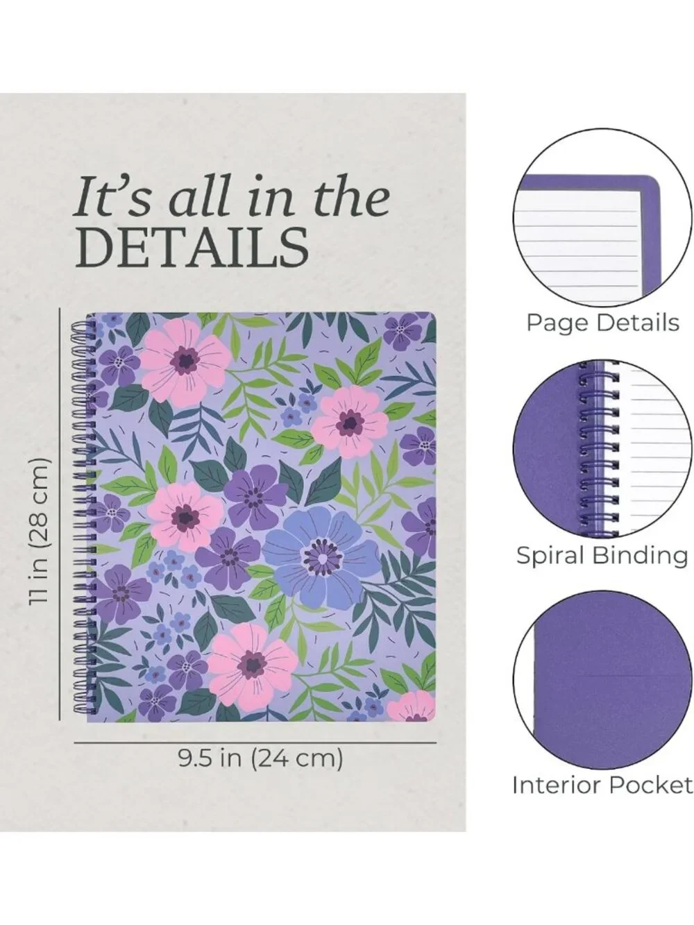 Floral Large Spiral Notebook - Cute Lilac Flower Design, Perfect for School